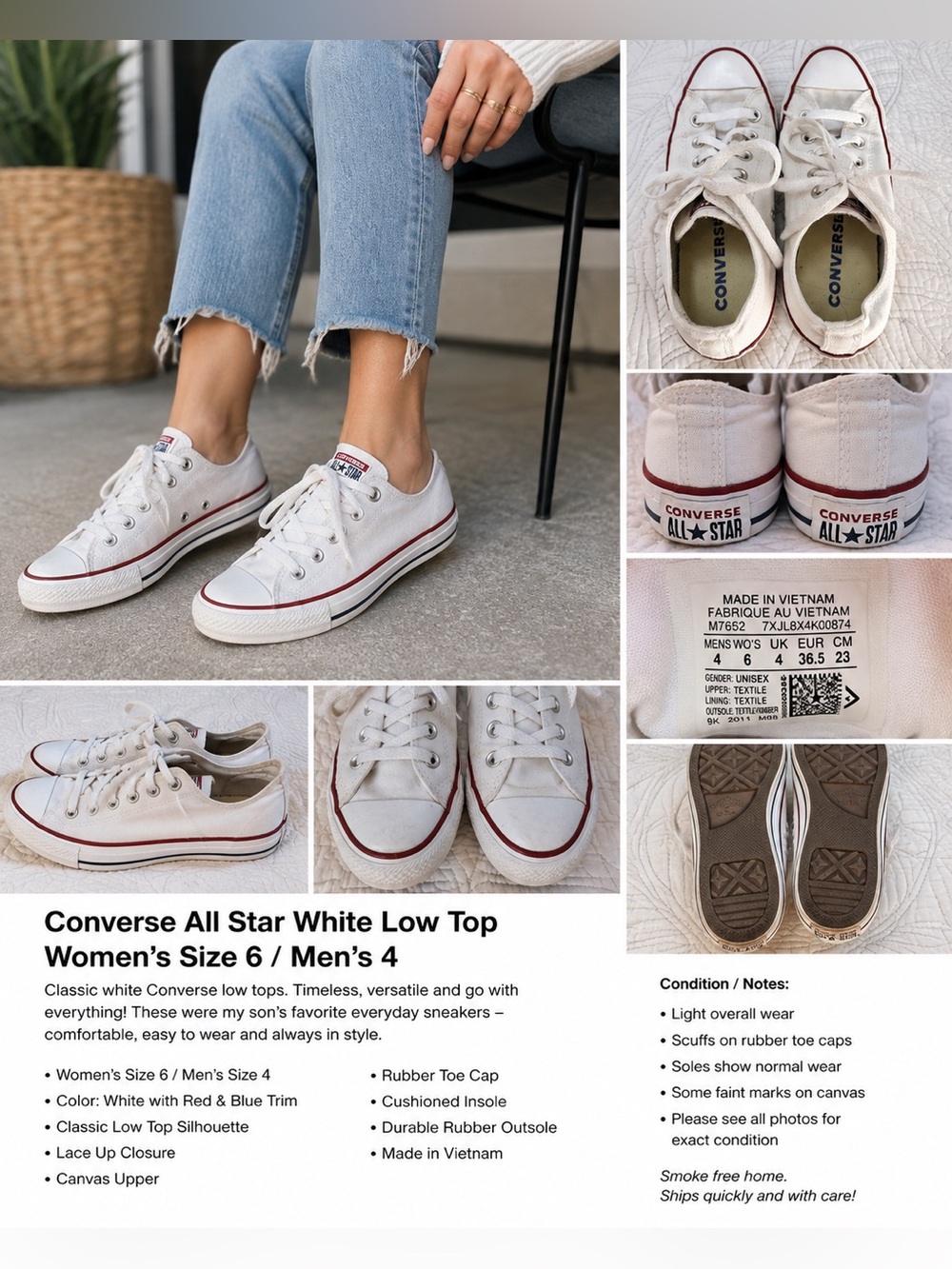Converse Chuck Taylor All Star Low Top White Canvas Sneakers M4/ W6